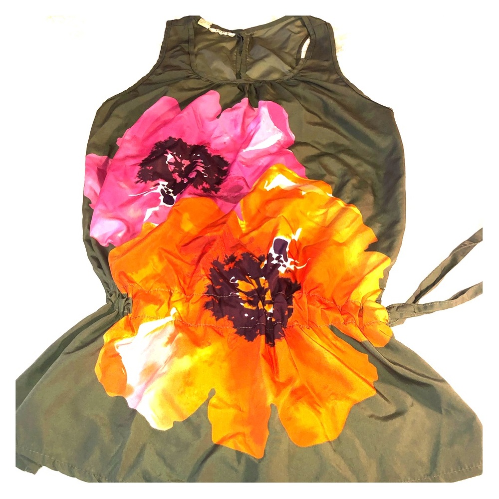 Army Green Flowered Sleeveless Blouse Size S